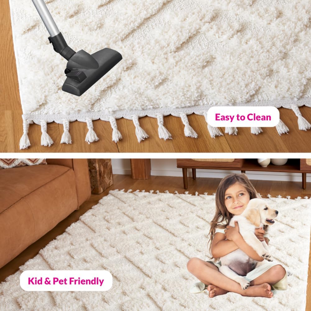 SAFAVIEH Moroccan Tassel Shag Collection Area Rug - 5'3" x 7'6", Ivory, Non-Shedding & Easy to Clean, Plush High-Low Texture, Ideal for Living Room, Bedroom, Dining Space (MTS688C)