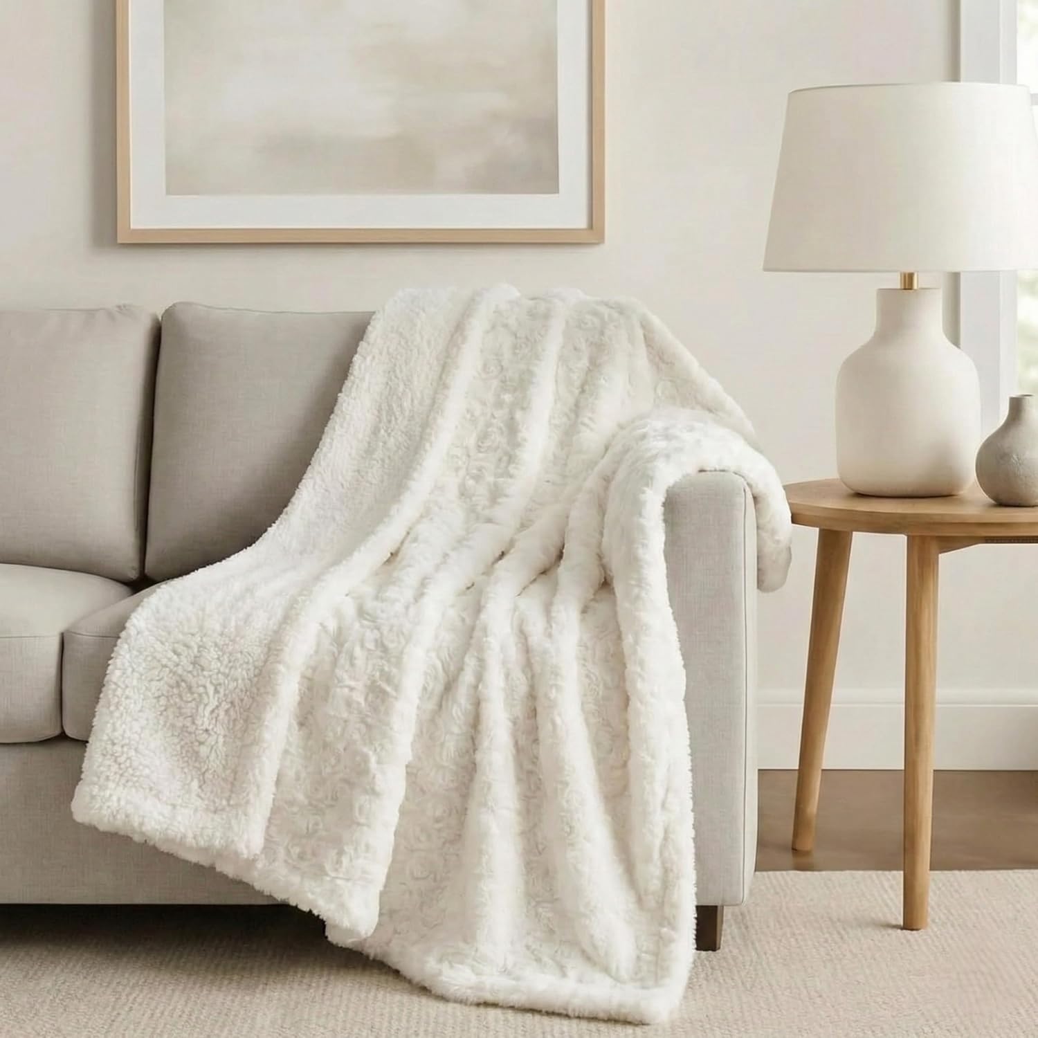 DaDa Bedding Luxury White Faux Fur Throw Blanket - Dreamy Milky Way Cloud Purple Undertone Embossed Sherpa Backside - Super Soft Warm Cozy Plush Fluffy - 50" x 60"