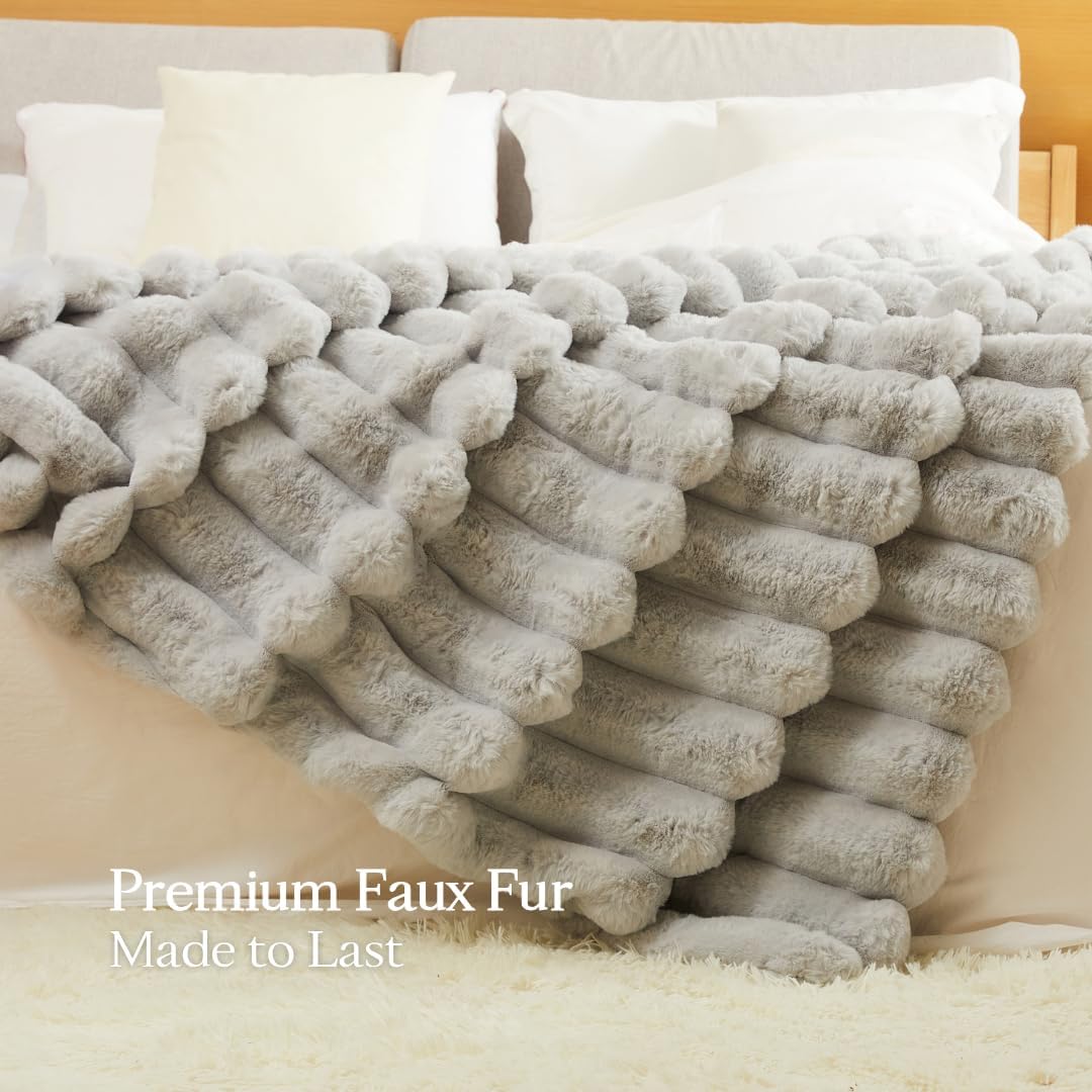 The Nantucket Blanket - LuxeComfort Faux Fur Striped Blanket 50"x60" Pebble Grey - Luxuriously Soft Cozy Warm Gift for Women, Plush Silky Fuzzy Heavyweight Reversible Design Home Decor