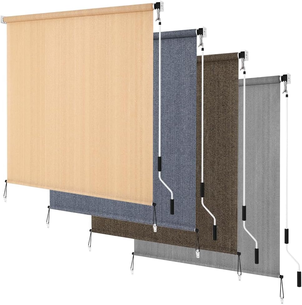 KELIXU Patio Shades Roll Up Outdoor Blind, 8' W x 6' H Cordless Sun Shade Privacy Screen with 90% UV Protection Exterior Roller Shade Cloth for Porch Pergola Backyard Windows Balcony, Walnut