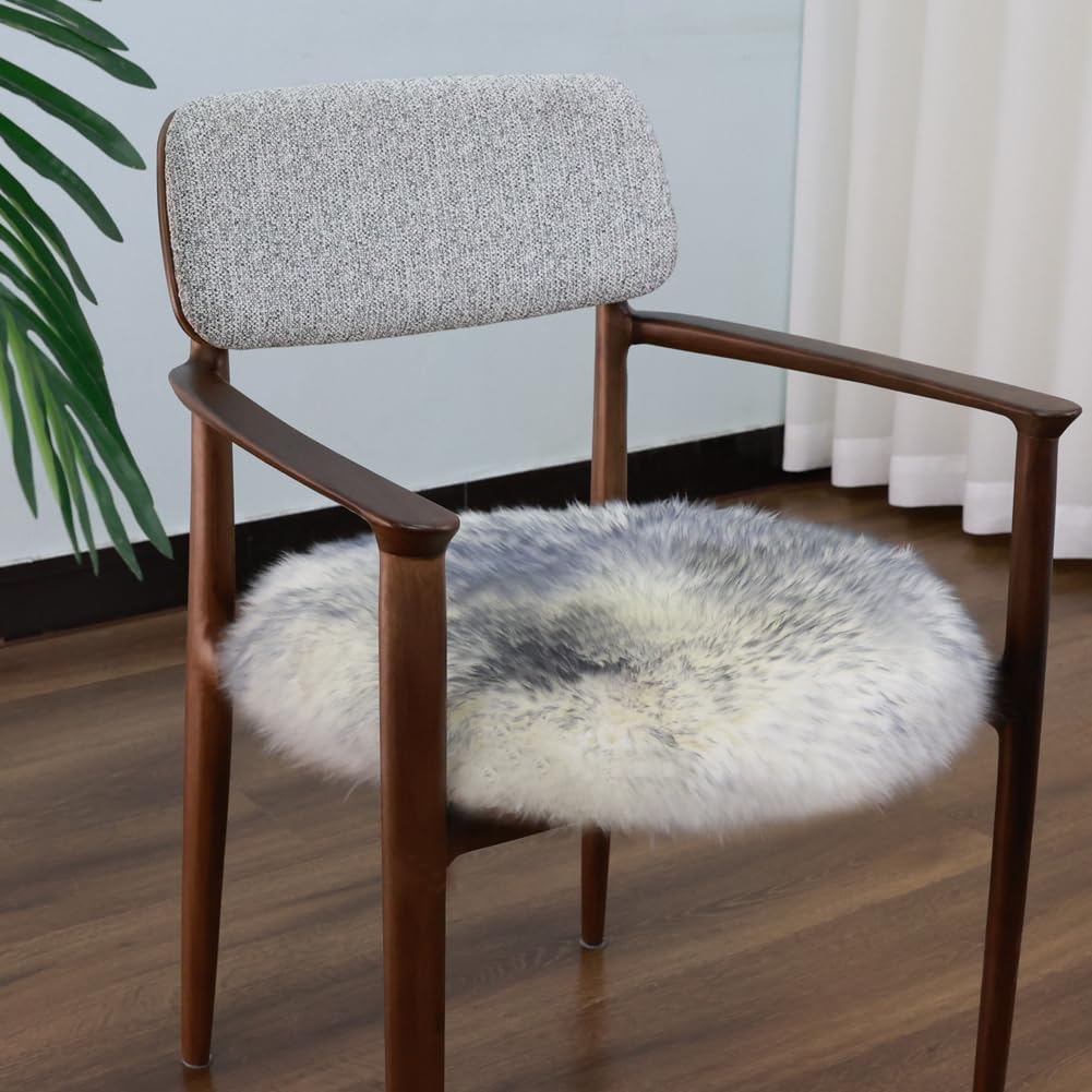 IRIWOOL Round Fur Sheepskin Chair Cover Seat Cushion Pad Super Soft Area Rugs for Living Bedroom Sofa (Gray Tip, Round 16.5" (Pack of 1))