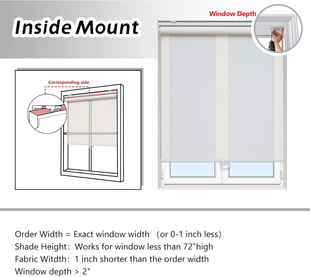 White Solar Roller Blinds 46"×72", Cordless Light Filtering Shades for Home & Office