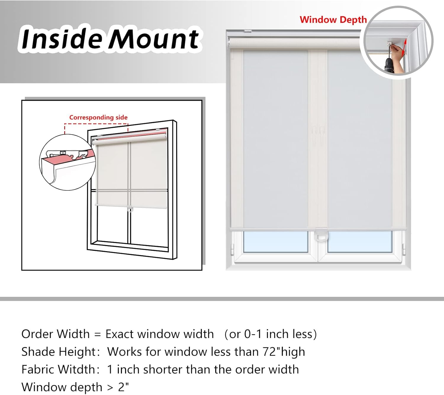 White Solar Roller Blinds 46"×72", Cordless Light Filtering Shades for Home & Office