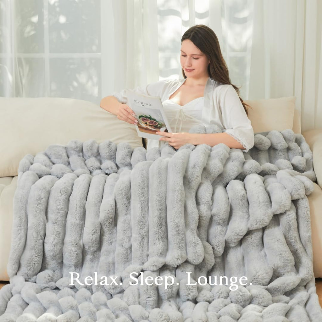 The Nantucket Blanket - LuxeComfort Faux Fur Striped Blanket 50"x60" Pebble Grey - Luxuriously Soft Cozy Warm Gift for Women, Plush Silky Fuzzy Heavyweight Reversible Design Home Decor