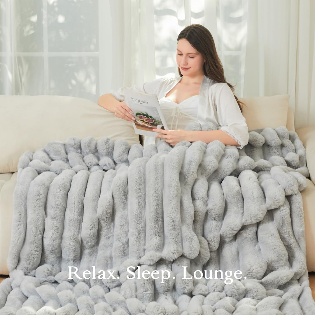 The Nantucket Blanket - LuxeComfort Faux Fur Striped Blanket 50"x60" Pebble Grey - Luxuriously Soft Cozy Warm Gift for Women, Plush Silky Fuzzy Heavyweight Reversible Design Home Decor