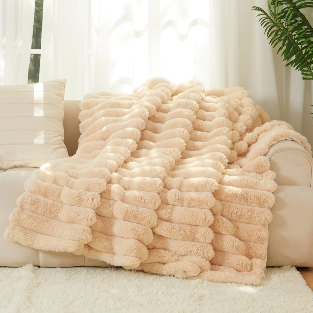 The Nantucket Blanket - LuxeComfort Faux Fur Striped Blanket 50"x60" Pebble Grey - Luxuriously Soft Cozy Warm Gift for Women, Plush Silky Fuzzy Heavyweight Reversible Design Home Decor