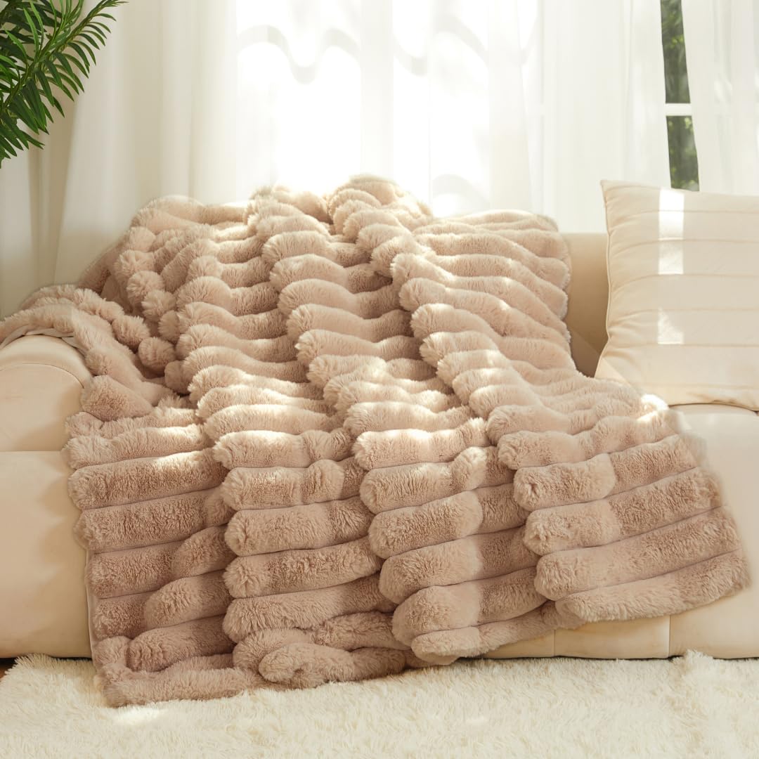 The Nantucket Blanket - LuxeComfort Faux Fur Striped Blanket 50"x60" Pebble Grey - Luxuriously Soft Cozy Warm Gift for Women, Plush Silky Fuzzy Heavyweight Reversible Design Home Decor