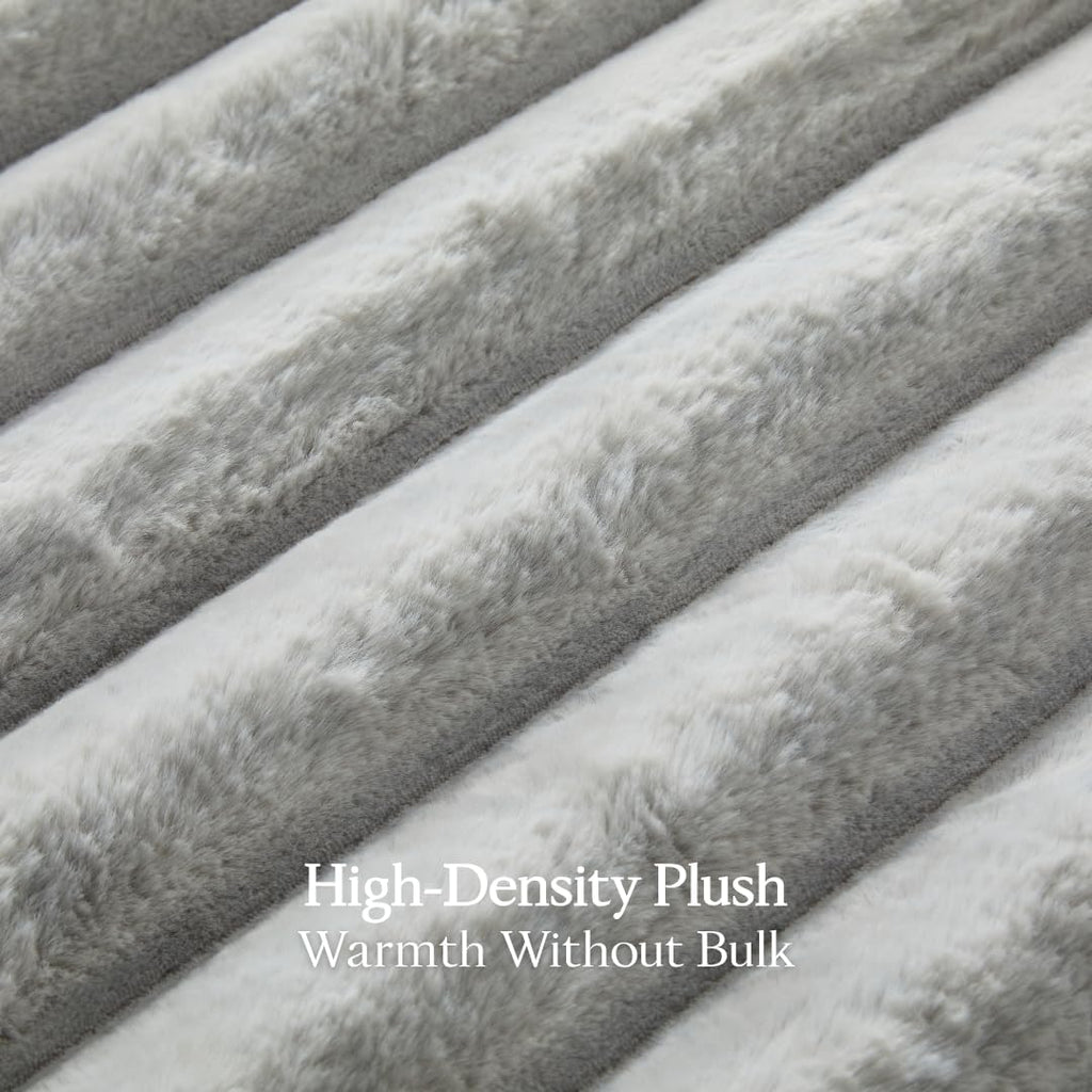 The Nantucket Blanket - LuxeComfort Faux Fur Striped Blanket 50"x60" Pebble Grey - Luxuriously Soft Cozy Warm Gift for Women, Plush Silky Fuzzy Heavyweight Reversible Design Home Decor