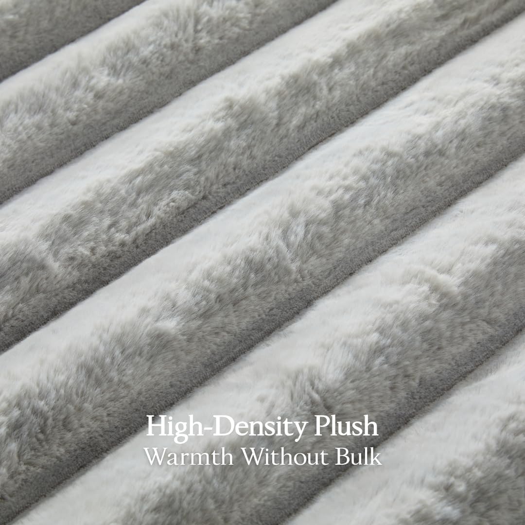 The Nantucket Blanket - LuxeComfort Faux Fur Striped Blanket 50"x60" Pebble Grey - Luxuriously Soft Cozy Warm Gift for Women, Plush Silky Fuzzy Heavyweight Reversible Design Home Decor