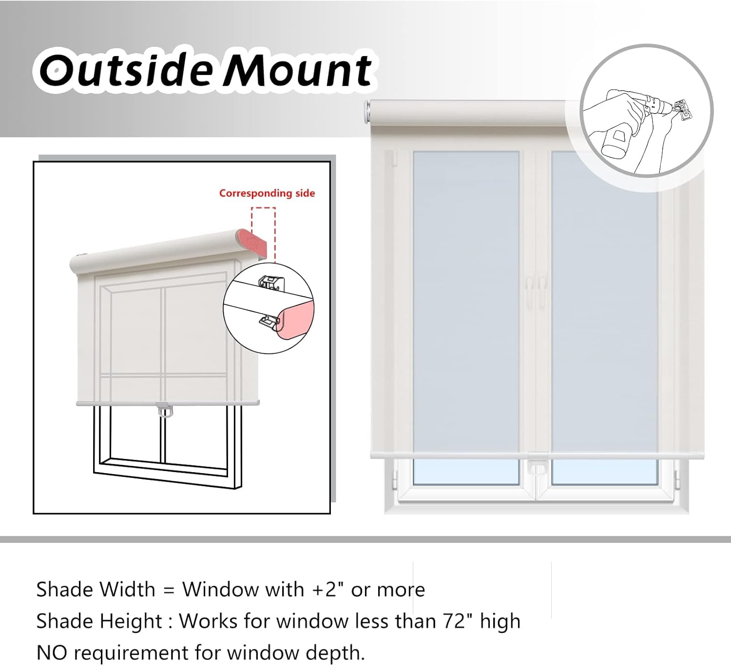 White Solar Roller Blinds 46"×72", Cordless Light Filtering Shades for Home & Office