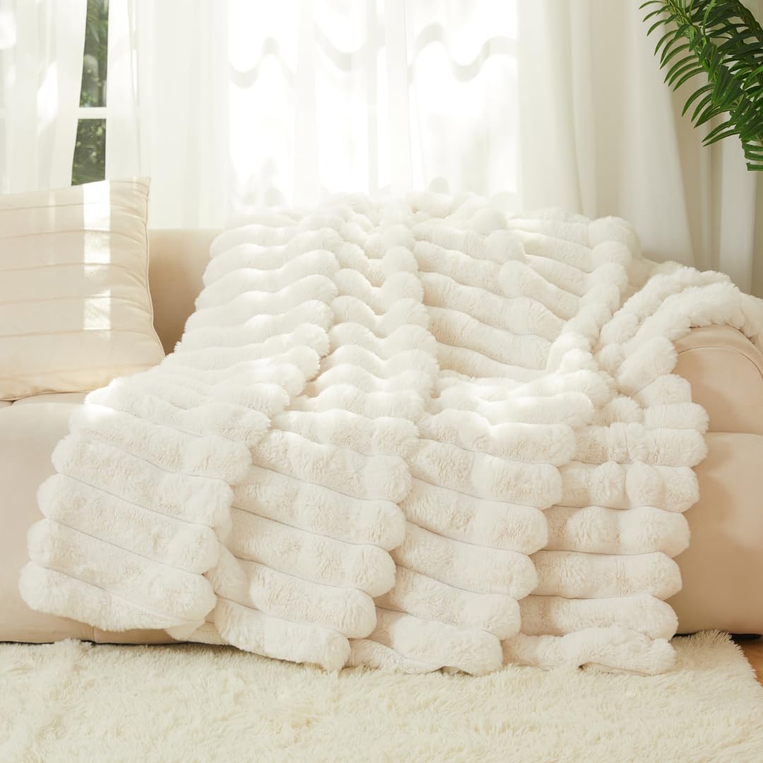 The Nantucket Blanket - LuxeComfort Faux Fur Striped Blanket 50"x60" Pebble Grey - Luxuriously Soft Cozy Warm Gift for Women, Plush Silky Fuzzy Heavyweight Reversible Design Home Decor