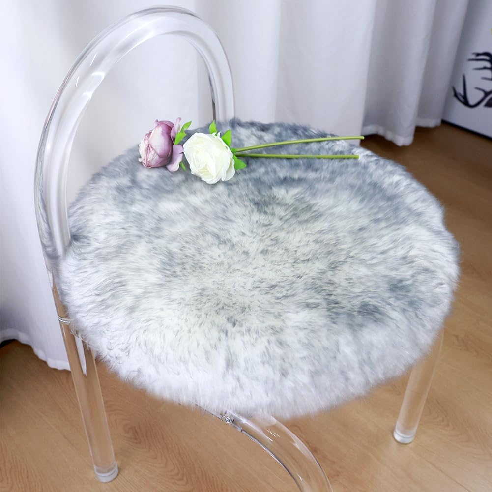 IRIWOOL Round Fur Sheepskin Chair Cover Seat Cushion Pad Super Soft Area Rugs for Living Bedroom Sofa (Gray Tip, Round 16.5" (Pack of 1))