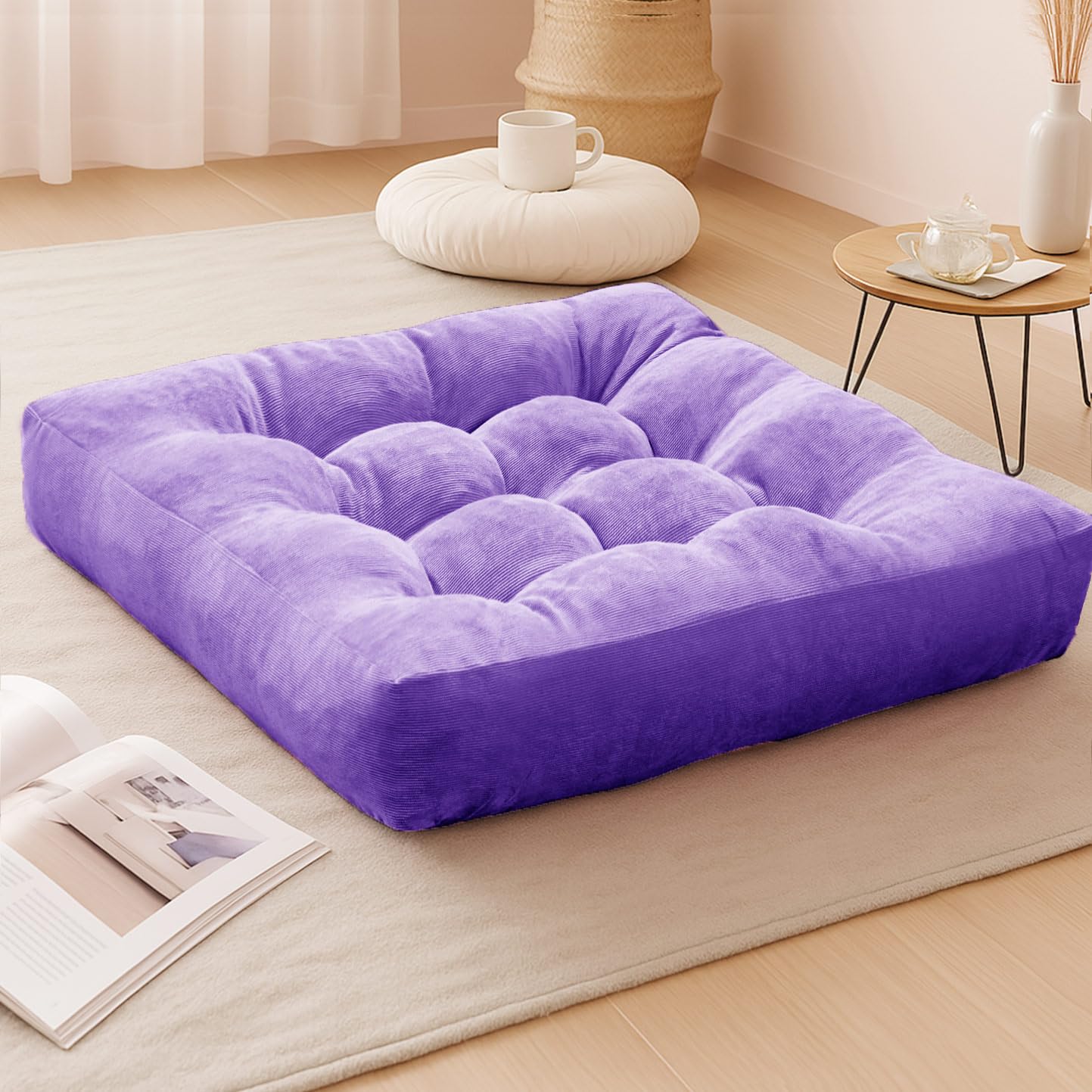 Degrees of Comfort Floor Cushion Pillow, Round Large Pillows Seating for Adults, Tufted Corduroy Floor Cushions for Living Room Tatami, Navy Blue, 22 Inch Single, 1 Count (Pack of 1)
