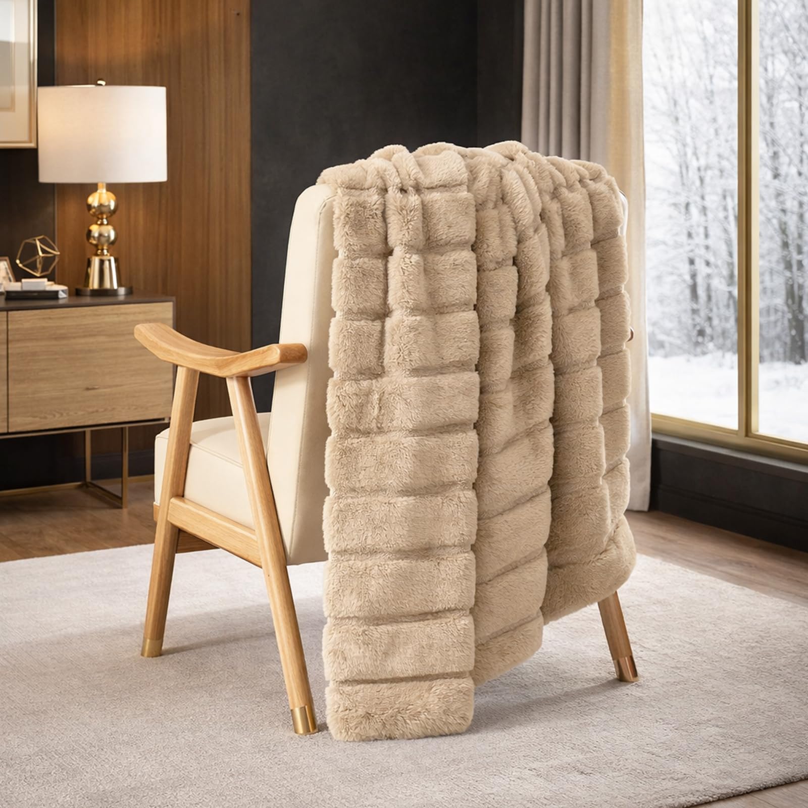 Cozy Bliss Deluxe Sheared Rabbit Faux Fur Throw Blanket, Soft Fuzzy High-Low Sculpted Plush Blanket for Couch, Cozy Home Accent, All Season Use, Beige 50"x60"