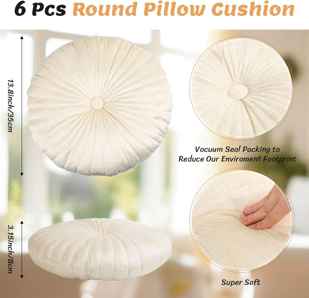 WovWeave 6 Pcs 13.8 Inch Round Velvet Floor Cushions Classroom Decorative Pleated Throw Pillows Bulk Vintage Pumpkin Seating Cushions for Home Daycare Nursery Couch Sofa Yoga Meditation(Vivid Color)