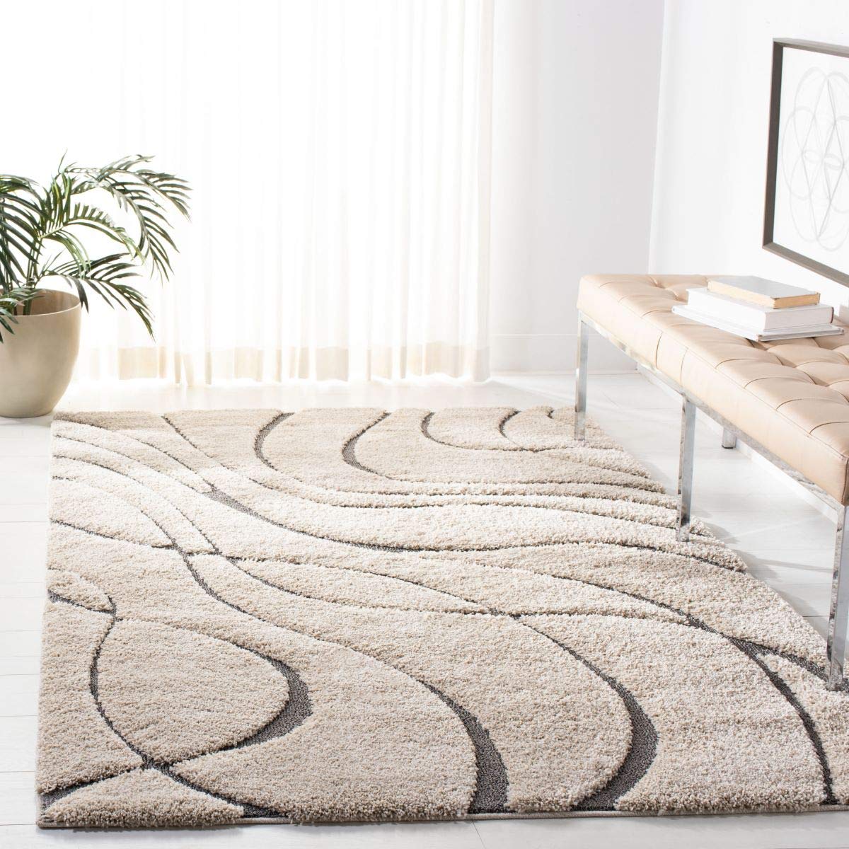 SAFAVIEH Florida Shag Collection Area Rug - 5'3" x 7'6", Cream & Beige, Non-Shedding & Easy Care, 1.2-inch Thick Ideal for High Traffic Areas in Living Room, Bedroom (SG471-1113)