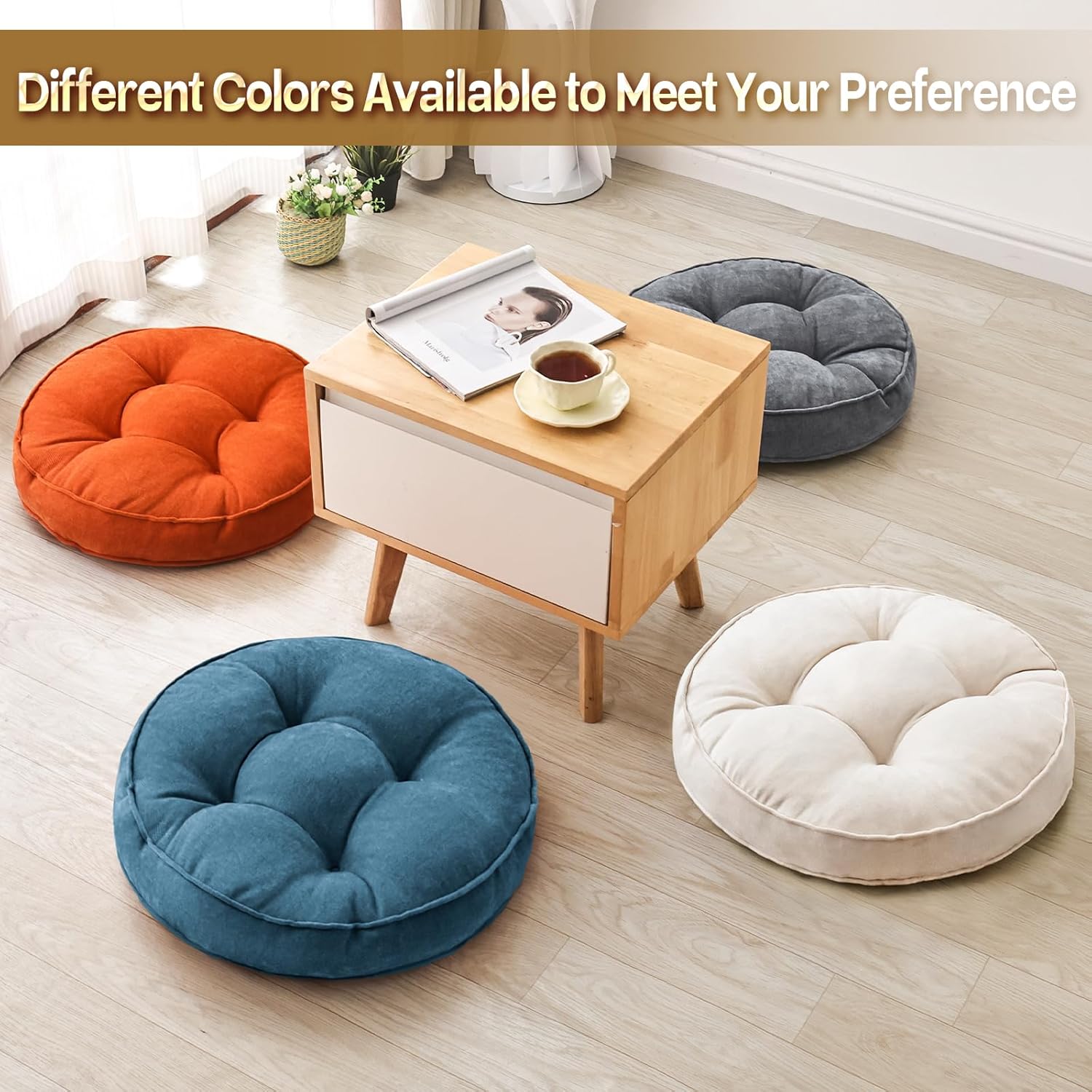 Beige Round Floor Cushions 22", Set of 2 Memory Foam Meditation Pillows