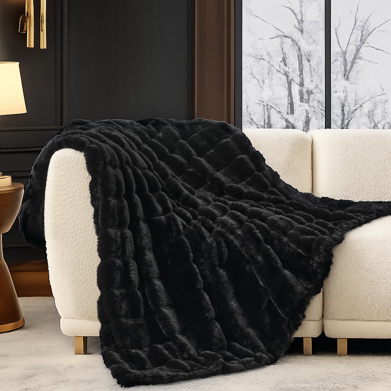 Cozy Bliss Deluxe Sheared Rabbit Faux Fur Throw Blanket, Soft Fuzzy High-Low Sculpted Plush Blanket for Couch, Cozy Home Accent, All Season Use, Beige 50"x60"