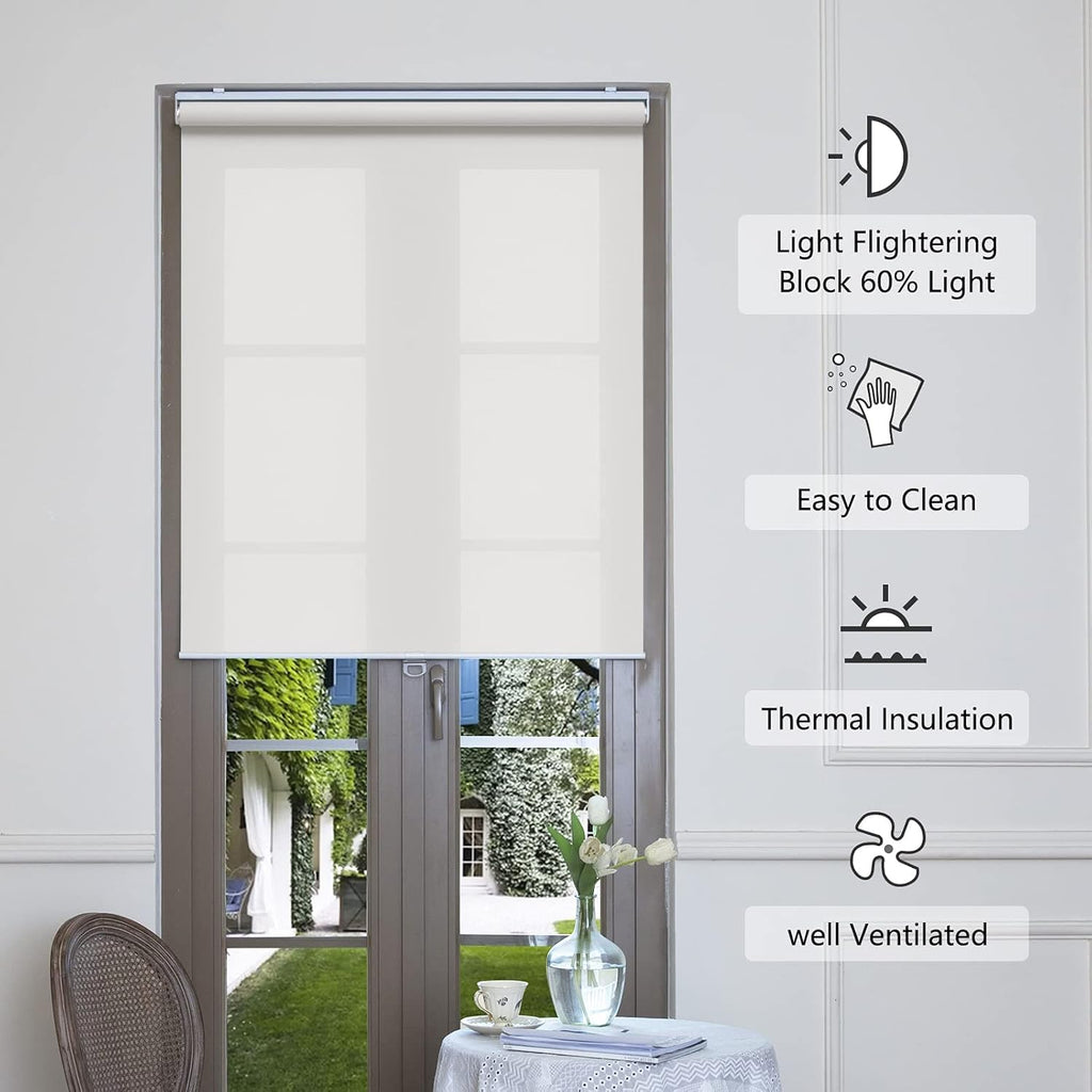 White Solar Roller Blinds 46"×72", Cordless Light Filtering Shades for Home & Office