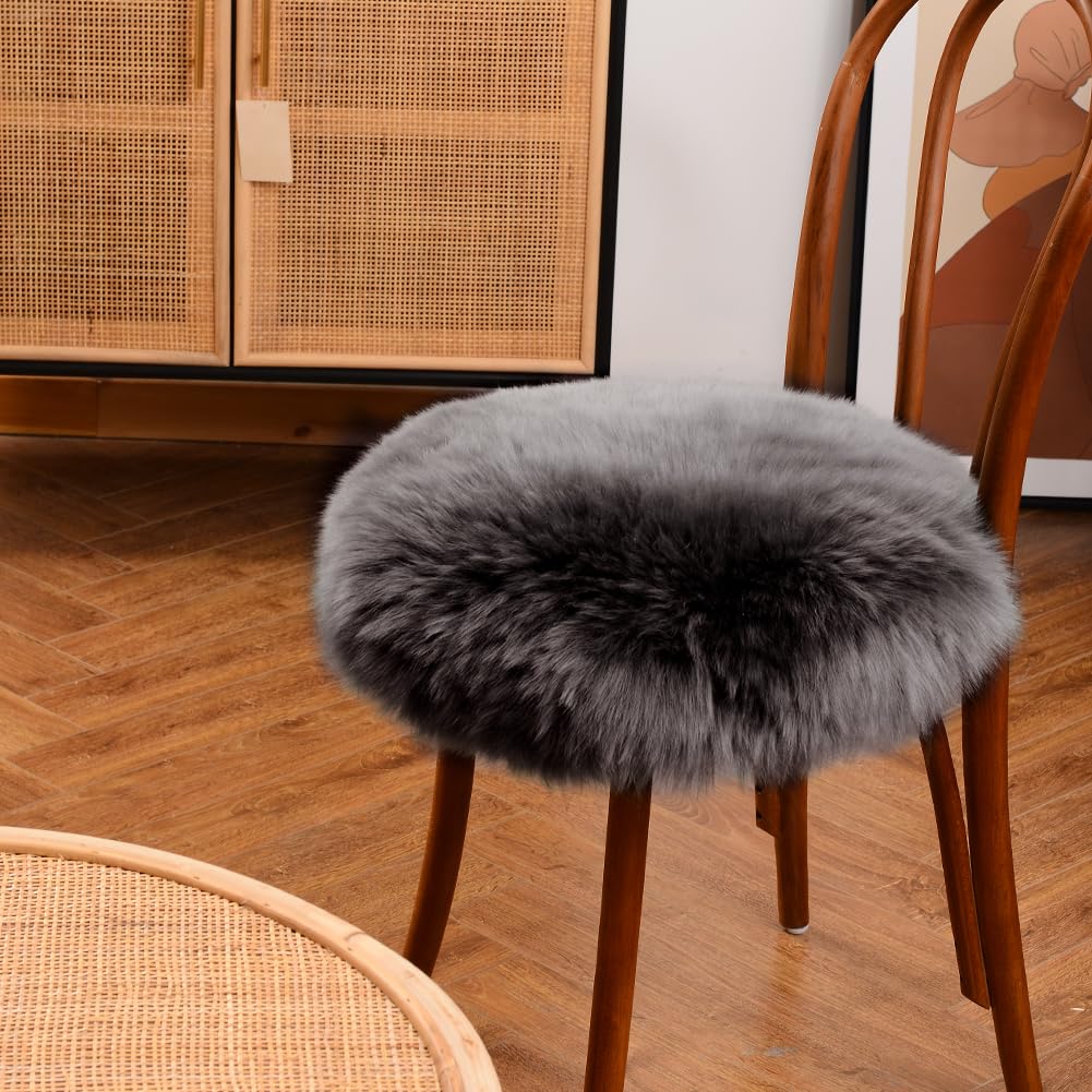 IRIWOOL Round Fur Sheepskin Chair Cover Seat Cushion Pad Super Soft Area Rugs for Living Bedroom Sofa (Gray Tip, Round 16.5" (Pack of 1))