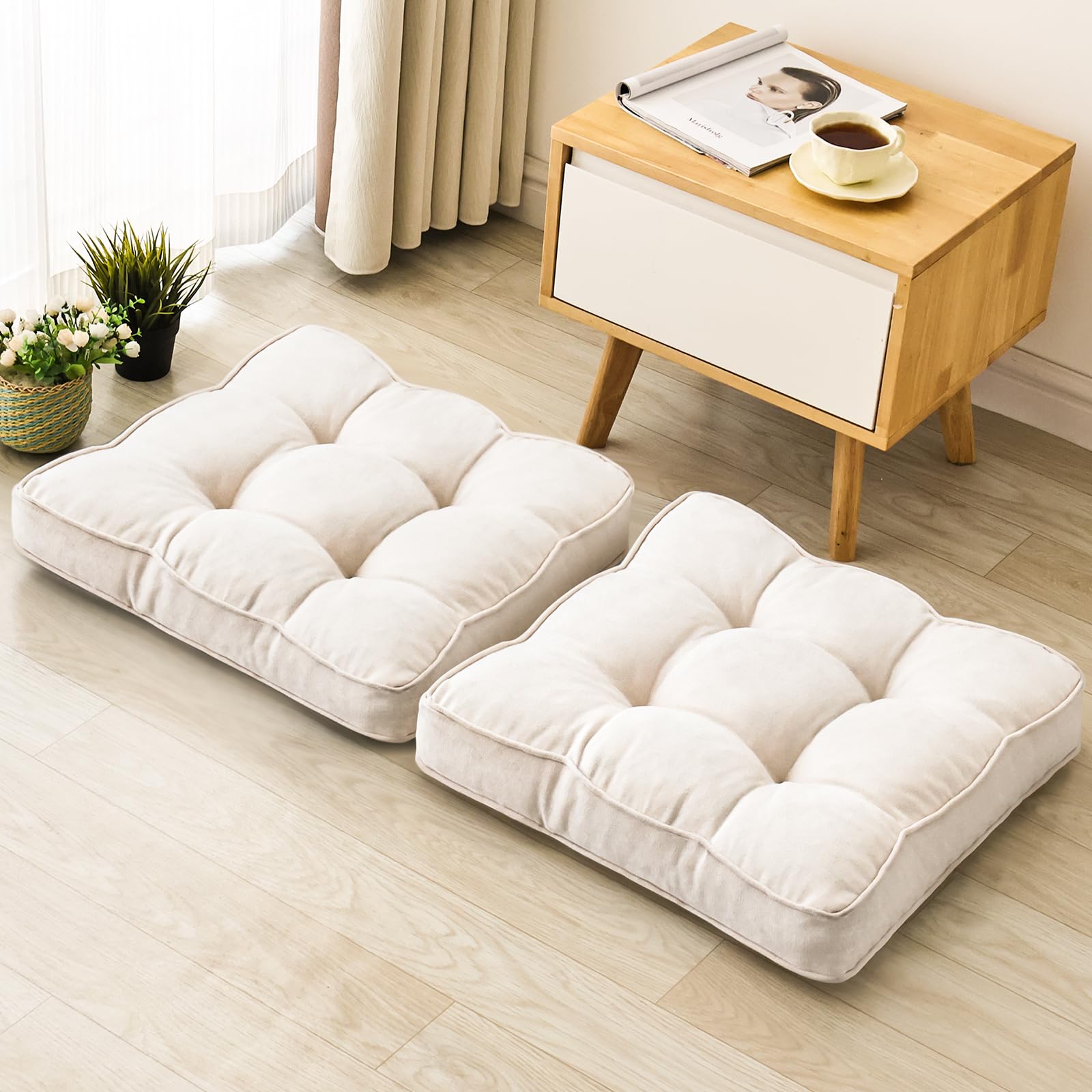 Beige Round Floor Cushions 22", Set of 2 Memory Foam Meditation Pillows