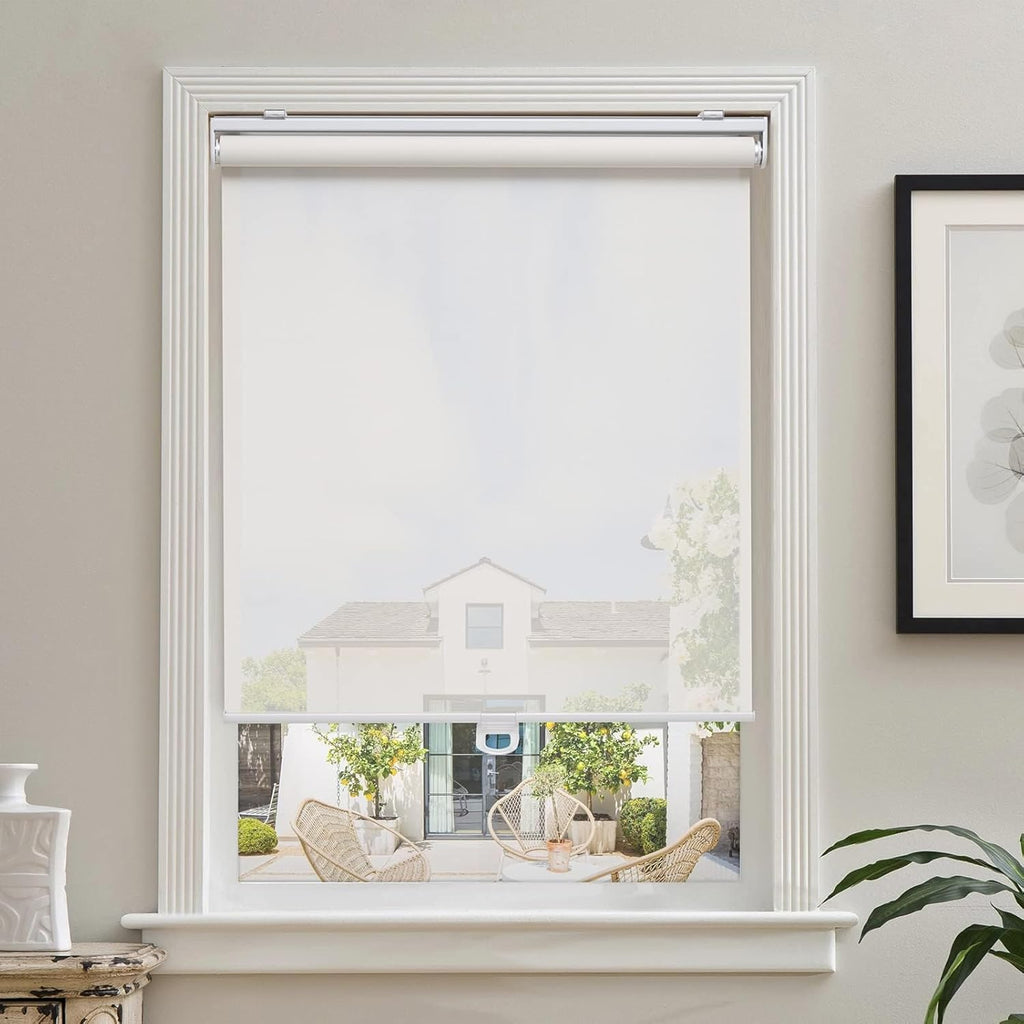 White Solar Roller Blinds 46"×72", Cordless Light Filtering Shades for Home & Office