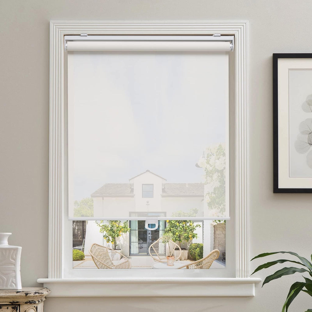 White Solar Roller Blinds 46"×72", Cordless Light Filtering Shades for Home & Office