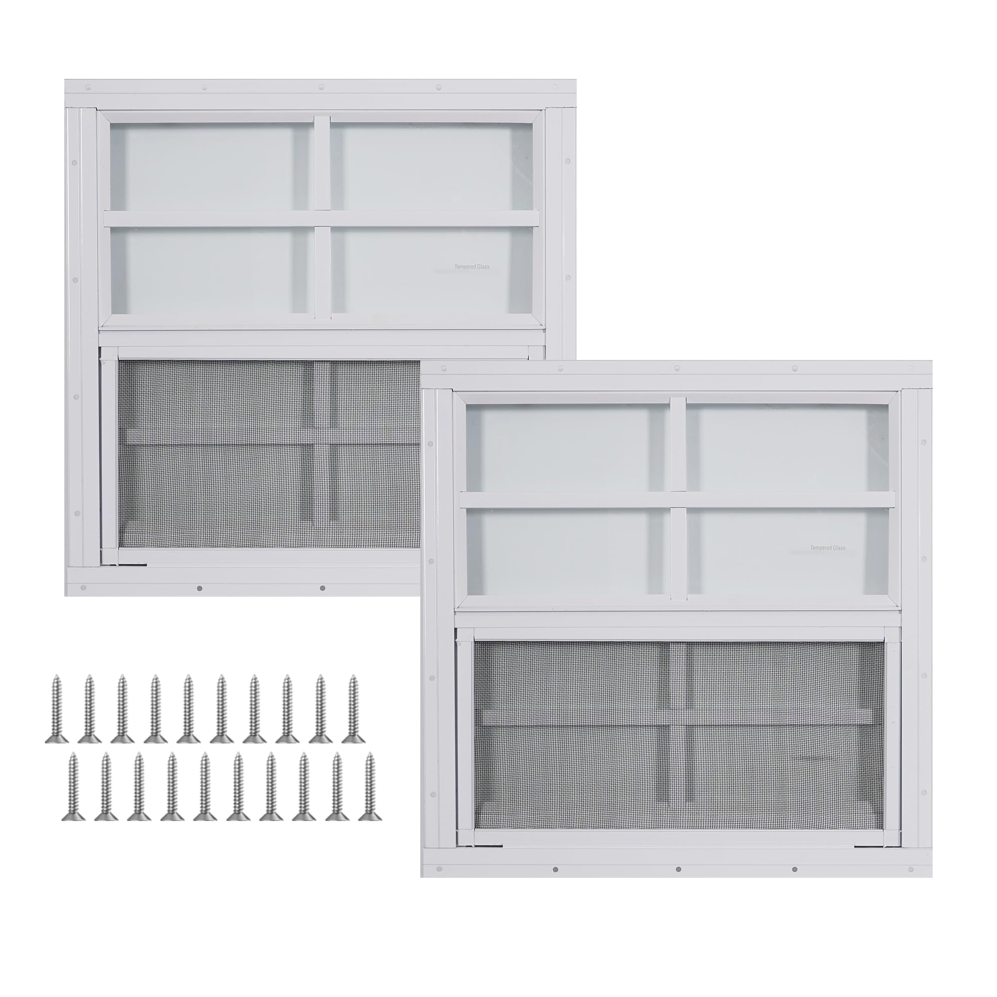2 Pack Shed Windows, 24'' x 27'' Household Windows with Tempered Glass and Fiberglass Screen for Shed, Flush Mount Sliding Window for Chicken Coop, Playhouse, Garage, White