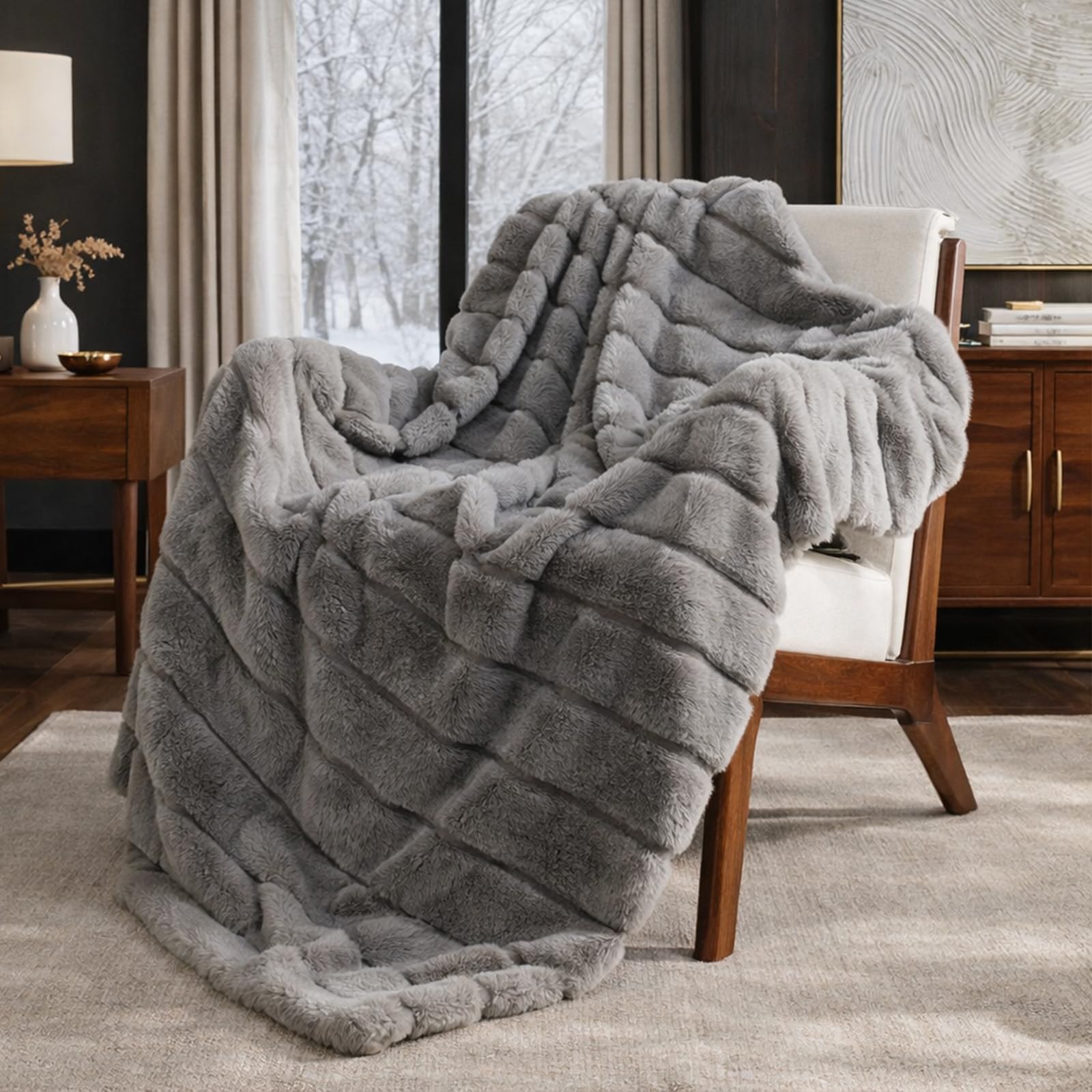 Cozy Bliss Deluxe Sheared Rabbit Faux Fur Throw Blanket, Soft Fuzzy High-Low Sculpted Plush Blanket for Couch, Cozy Home Accent, All Season Use, Beige 50"x60"