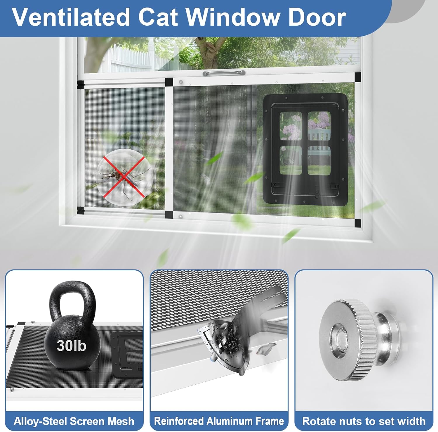 Adjustable Window Screen for Cats, Expandable Pet Screen Door, |Stainless Steel Mesh + Aluminum Frame| Cat Door for Window Insert, Replacement Window Screens with Frame,(15" H x 28.5" - 32" W)