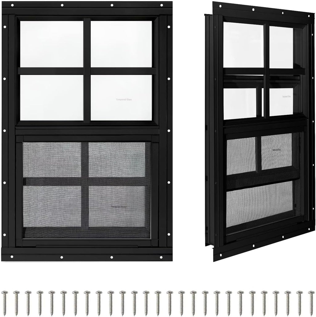 2 Pack Shed Windows,12" x 18" Small Sliding Windows,Flush Mount Windows with Tempered Glass and Fiberglass Screen for Shed, Chicken Coop, Playhouse, Household, Garage, Barns (Black)