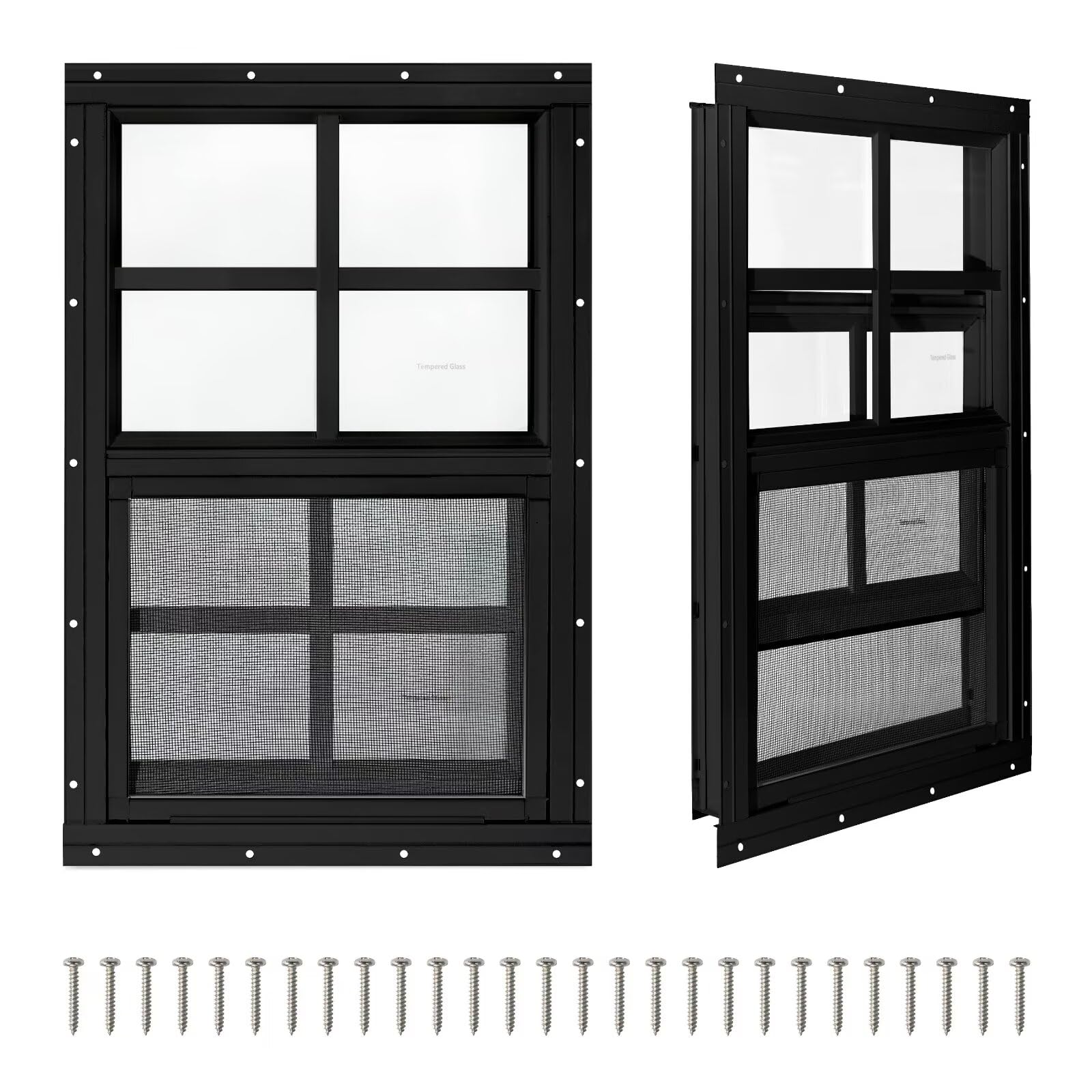 2 Pack Shed Windows,12" x 18" Small Sliding Windows,Flush Mount Windows with Tempered Glass and Fiberglass Screen for Shed, Chicken Coop, Playhouse, Household, Garage, Barns (Black)
