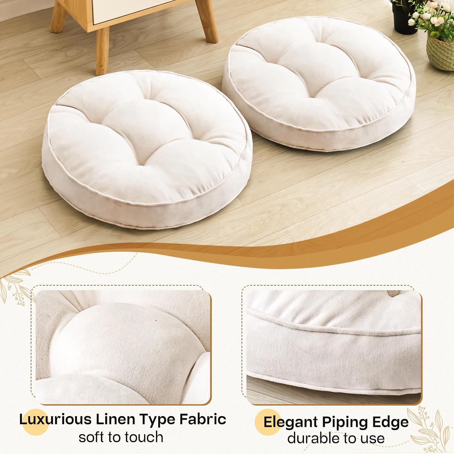 Beige Round Floor Cushions 22", Set of 2 Memory Foam Meditation Pillows