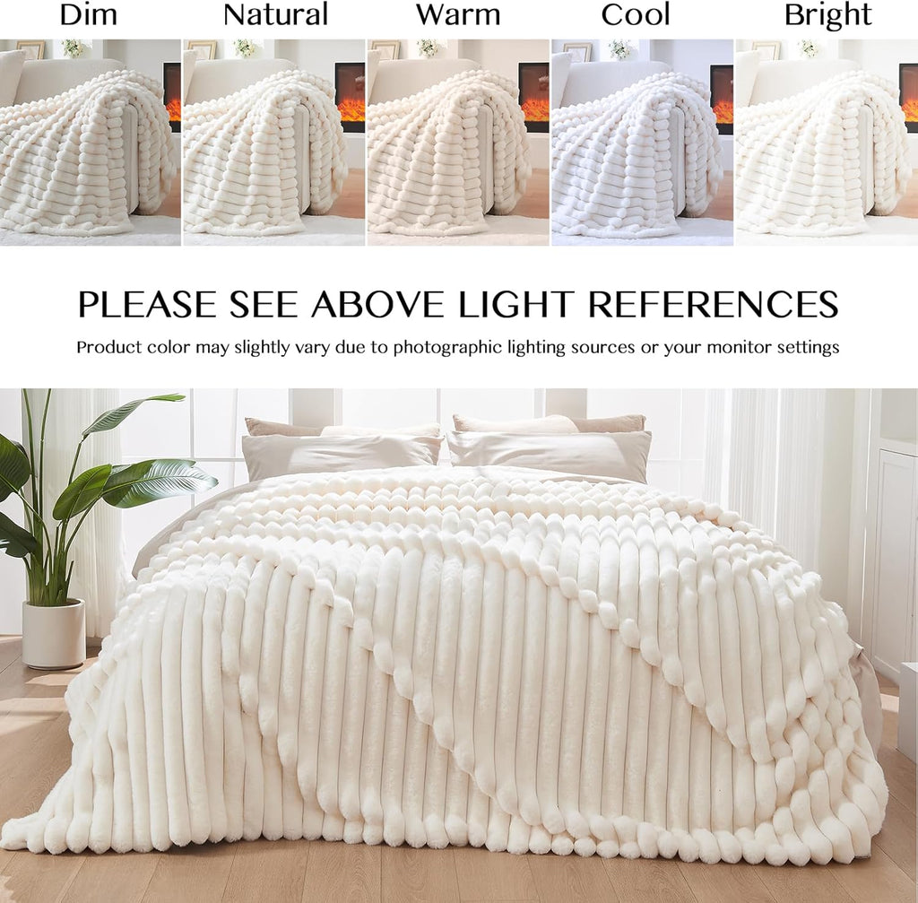 Lotus Karen Faux Fur Twin Blanket for Couch, Cozy Soft Fluffy Fuzzy Cream White Blanket, Striped Warm Thick Furry Plush Shaggy Small Blankets for Women,60x80 Inches