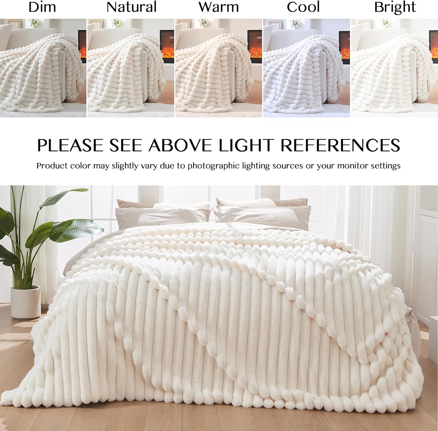 Lotus Karen Faux Fur Twin Blanket for Couch, Cozy Soft Fluffy Fuzzy Cream White Blanket, Striped Warm Thick Furry Plush Shaggy Small Blankets for Women,60x80 Inches