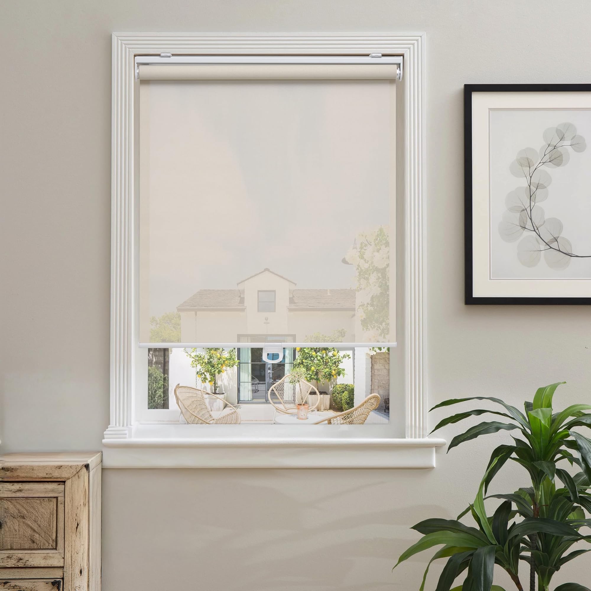White Solar Roller Blinds 46"×72", Cordless Light Filtering Shades for Home & Office