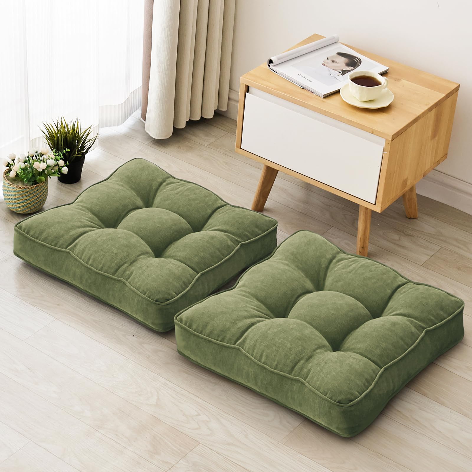 Beige Round Floor Cushions 22", Set of 2 Memory Foam Meditation Pillows