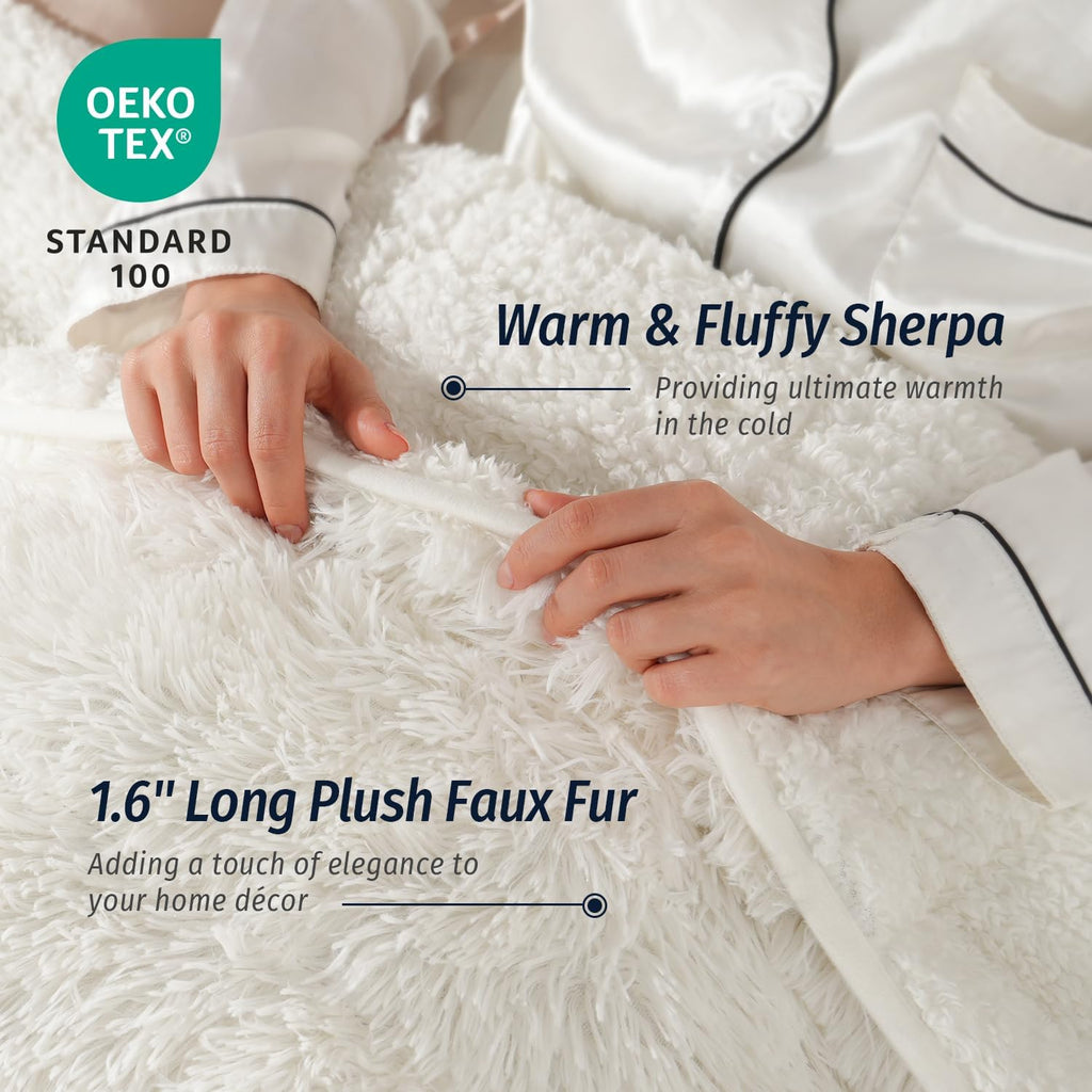 Wemore Shaggy Long Fur Faux Fur Weighted Blanket, Cozy and Fluffy Plush Sherpa Long Hair Blanket for Adult 15lbs, Fluffy Fuzzy Sherpa Reverse Heavy Blankets for Bed, Couch, Cream White, 60 x 80 Inches