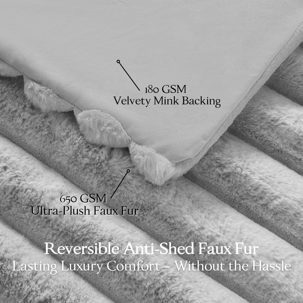 The Nantucket Blanket - LuxeComfort Faux Fur Striped Blanket 50"x60" Pebble Grey - Luxuriously Soft Cozy Warm Gift for Women, Plush Silky Fuzzy Heavyweight Reversible Design Home Decor