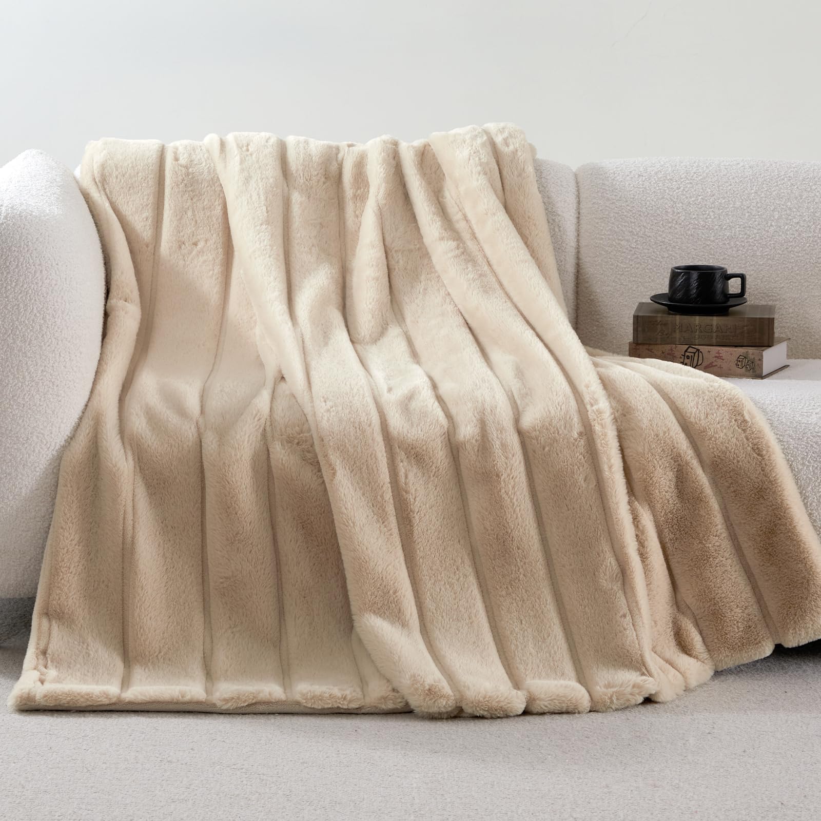 Cozy Bliss Deluxe Sheared Rabbit Faux Fur Throw Blanket, Soft Fuzzy High-Low Sculpted Plush Blanket for Couch, Cozy Home Accent, All Season Use, Beige 50"x60"