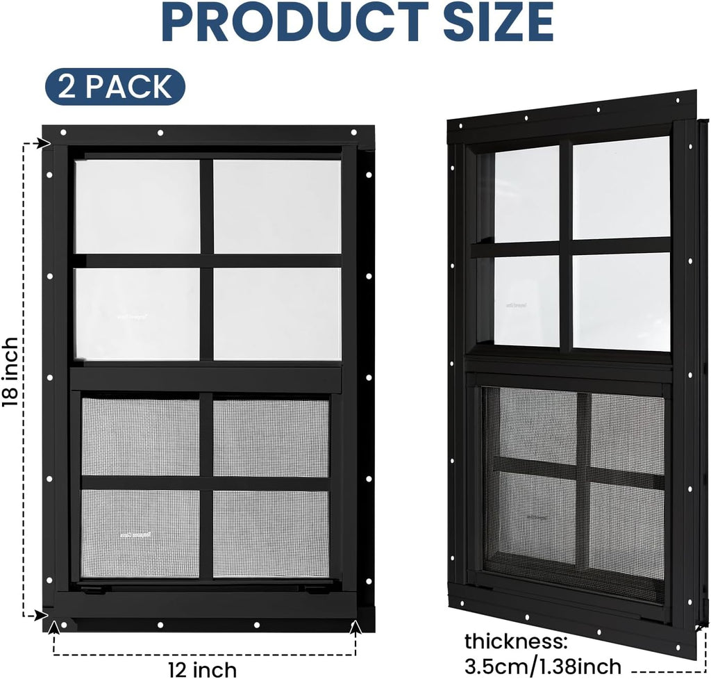 2 Pack Shed Windows,12" x 18" Small Sliding Windows,Flush Mount Windows with Tempered Glass and Fiberglass Screen for Shed, Chicken Coop, Playhouse, Household, Garage, Barns (Black)
