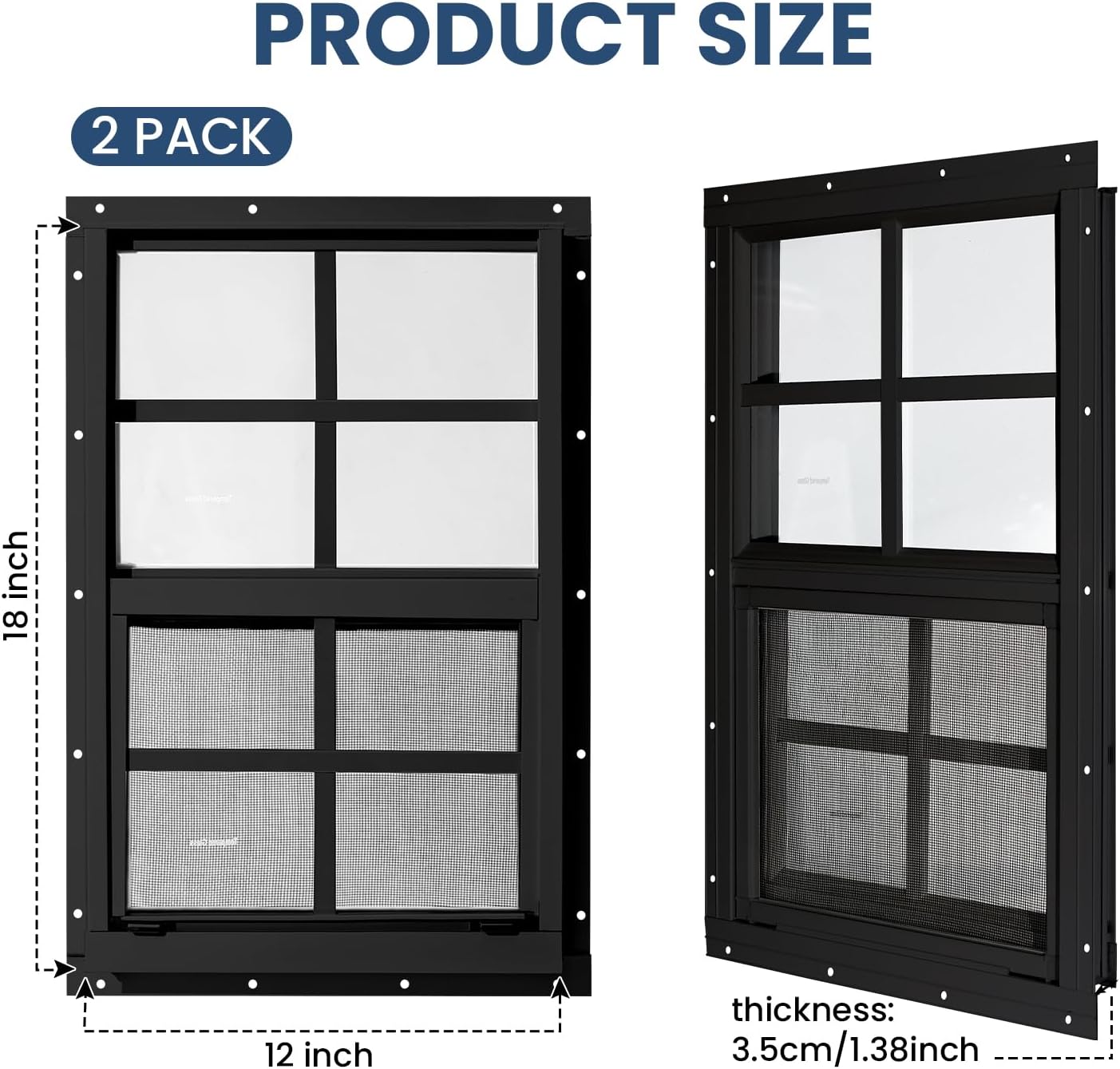 2 Pack Shed Windows,12" x 18" Small Sliding Windows,Flush Mount Windows with Tempered Glass and Fiberglass Screen for Shed, Chicken Coop, Playhouse, Household, Garage, Barns (Black)
