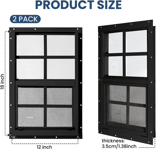 2 Pack Shed Windows,12" x 18" Small Sliding Windows,Flush Mount Windows with Tempered Glass and Fiberglass Screen for Shed, Chicken Coop, Playhouse, Household, Garage, Barns (Black)