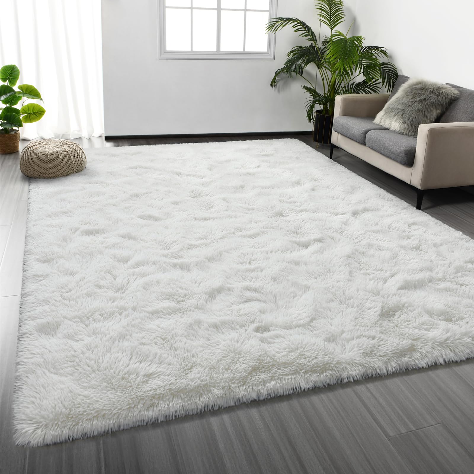 Deerhoo Large Shag Area Rugs 6 x 9, Tie-Dyed Plush Fuzzy Rug for Living Room, Ultra Soft Fluffy Furry Rugs for Bedroom, Indoor Carpet Nursery Rugs for Kids Room Home Decor, Light Grey