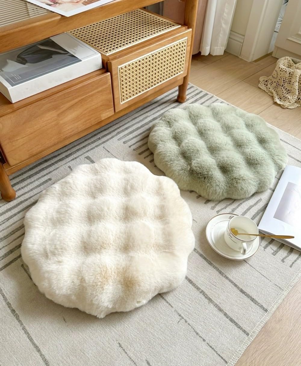 Round Chair Cushions Plush Chair Pads Memory Foam Seat Cushion Bubble Rabbit Fluff Seat Pad for Home Office Kitchen Dining Chairs (Khaki, 18 inch)