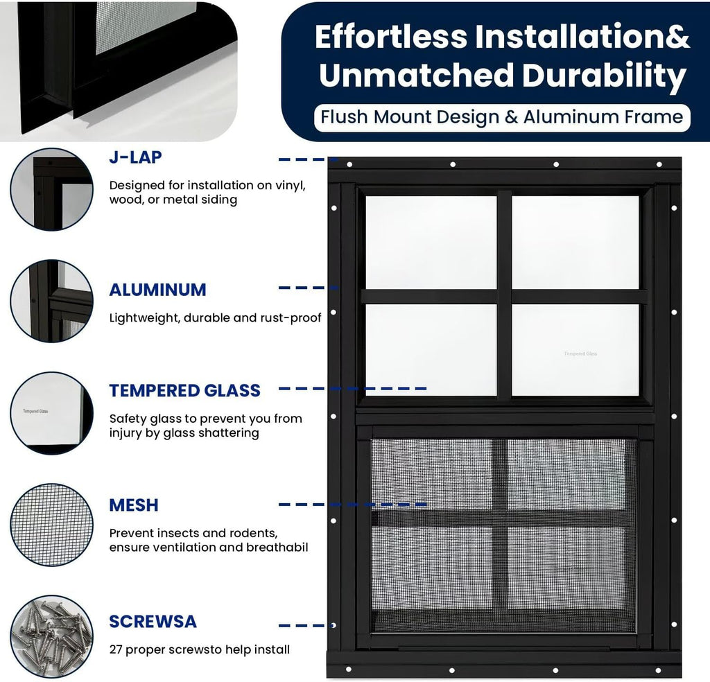 2 Pack Shed Windows,12" x 18" Small Sliding Windows,Flush Mount Windows with Tempered Glass and Fiberglass Screen for Shed, Chicken Coop, Playhouse, Household, Garage, Barns (Black)