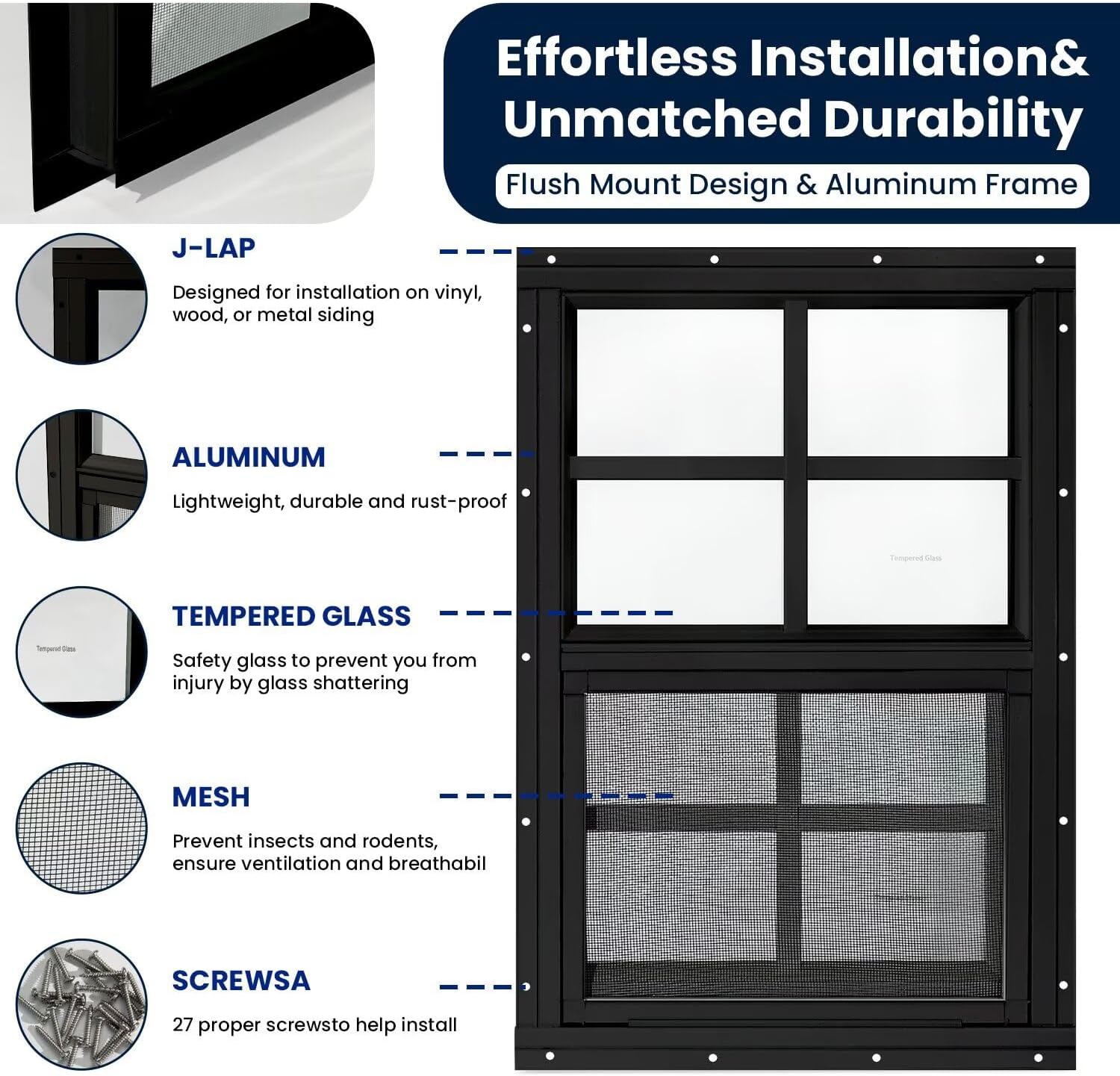 2 Pack Shed Windows,12" x 18" Small Sliding Windows,Flush Mount Windows with Tempered Glass and Fiberglass Screen for Shed, Chicken Coop, Playhouse, Household, Garage, Barns (Black)