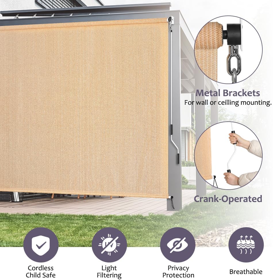 KELIXU Patio Shades Roll Up Outdoor Blind, 8' W x 6' H Cordless Sun Shade Privacy Screen with 90% UV Protection Exterior Roller Shade Cloth for Porch Pergola Backyard Windows Balcony, Walnut