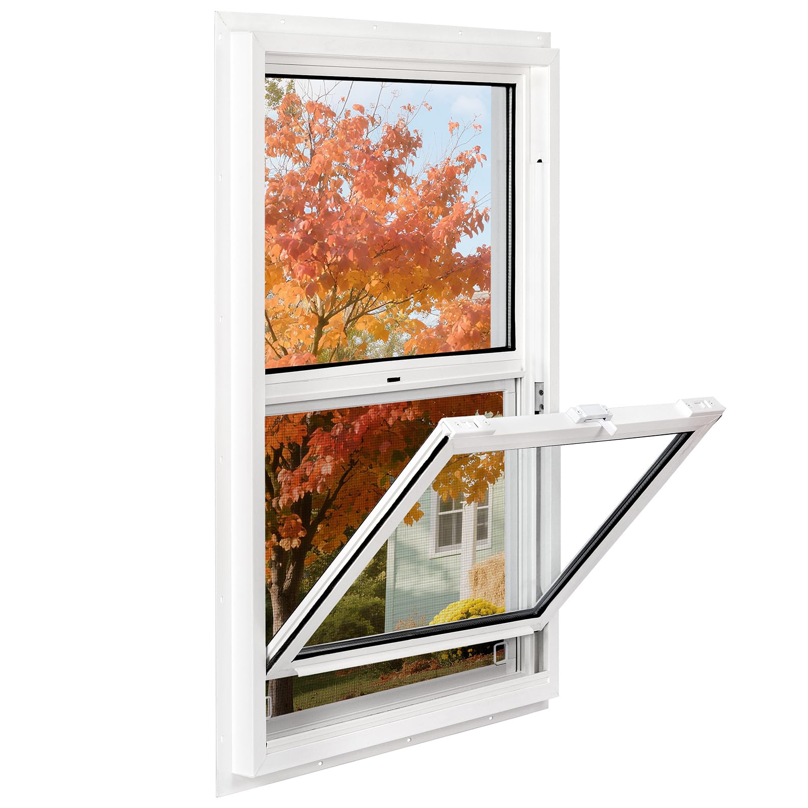 Vinyl Single Hung Sliding Window, 24" x 38" Household Window with Double-Pane Insulated Tempered Glass, White Energy-Efficient Soundproof Window for House, Mobile Home