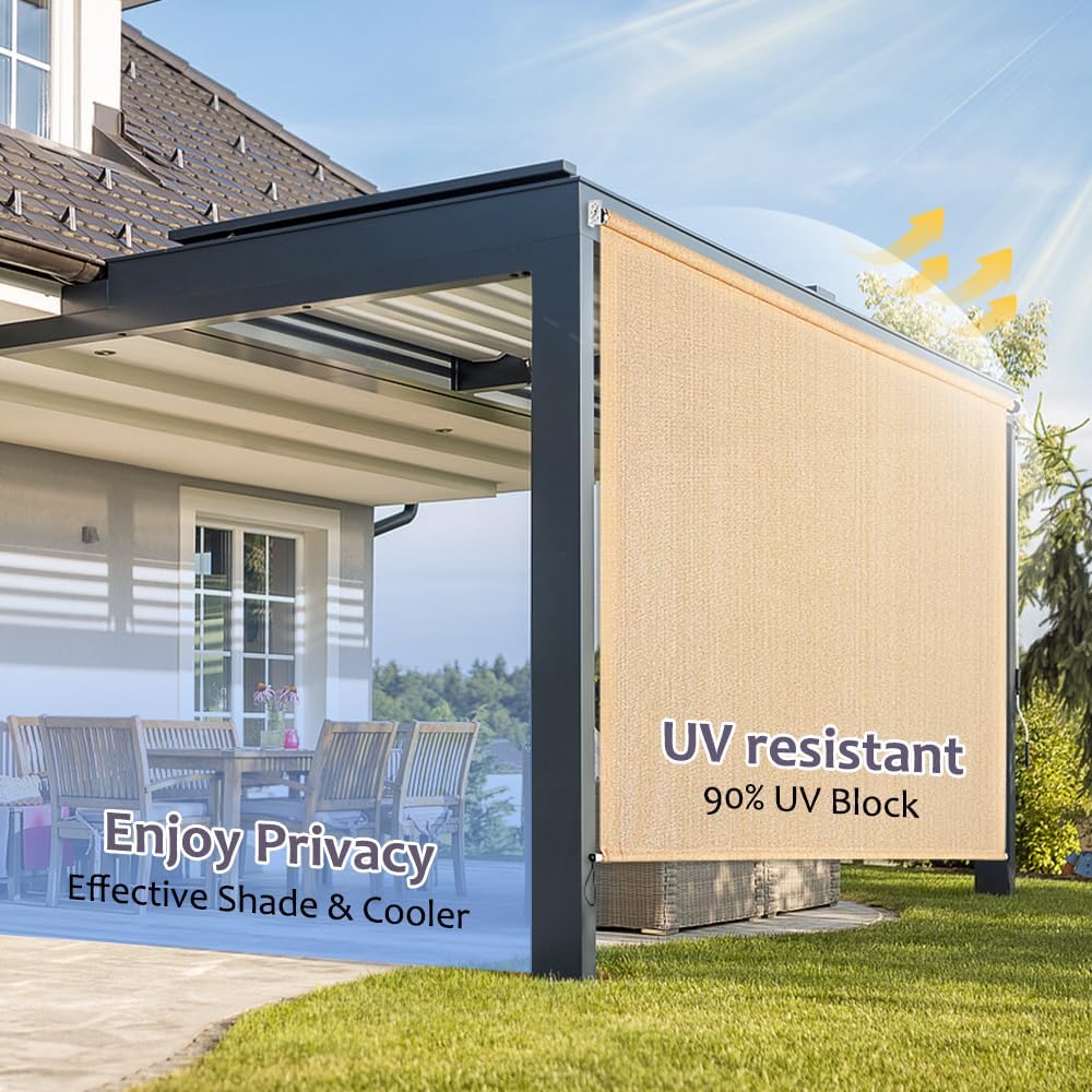 KELIXU Patio Shades Roll Up Outdoor Blind, 8' W x 6' H Cordless Sun Shade Privacy Screen with 90% UV Protection Exterior Roller Shade Cloth for Porch Pergola Backyard Windows Balcony, Walnut